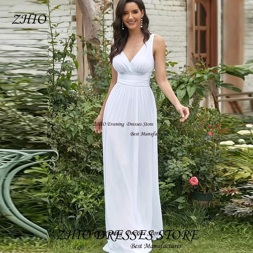 ZHIO-vestido de fiesta sencillo de tul con cuello en V, línea A, personalizado, con tirantes finos, plisado, con cremallera en la espalda, sin mangas, largo hasta el suelo