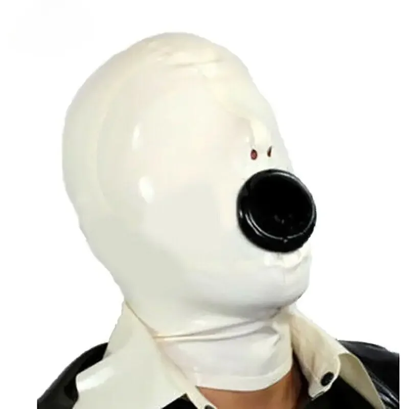 White Latex Hood with Inner Mouth Condom Open Nose Back Zipper Rubber Mask fashion