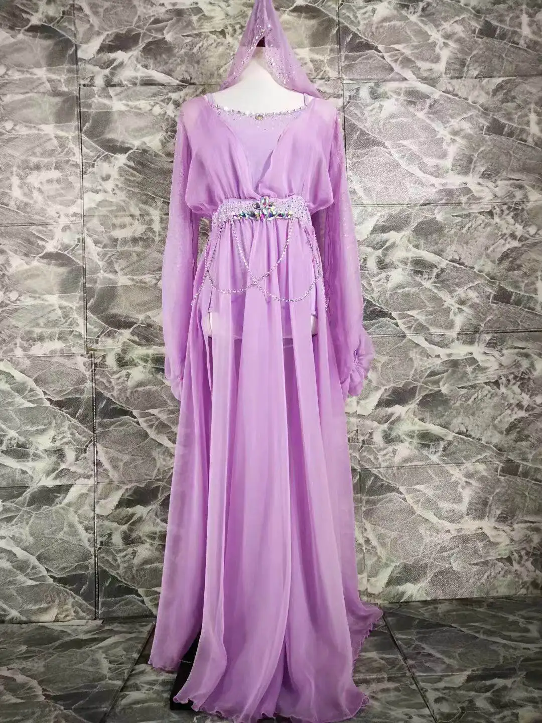 

Ladies Belly Dance Abaya Dress, Purple Long Chiffon Gown with Rhinestone Waist Chain, Stage Performance Dance Wear for Dancers