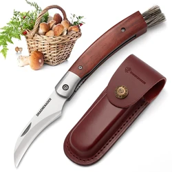 Mushroom Knife with Boar Bristle Brush, Folding Pocket Knife with Leather Sheath, African Blackwood Handle for Camping and EDC