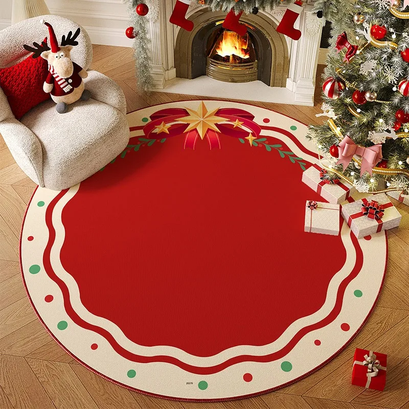 Round Living Room Carpet Anti-slip Stain-resistant Floor Mat Comfortable Loop Pile TPR Rug Red Christmas Tree Decor Festive Rugs