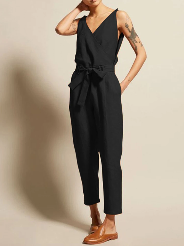 Solid Color Jumpsuit Women 2024 Casual Sleeveless Female Body Suit Summer V Neck Loose Tie High Waist Pencil Pants Sets