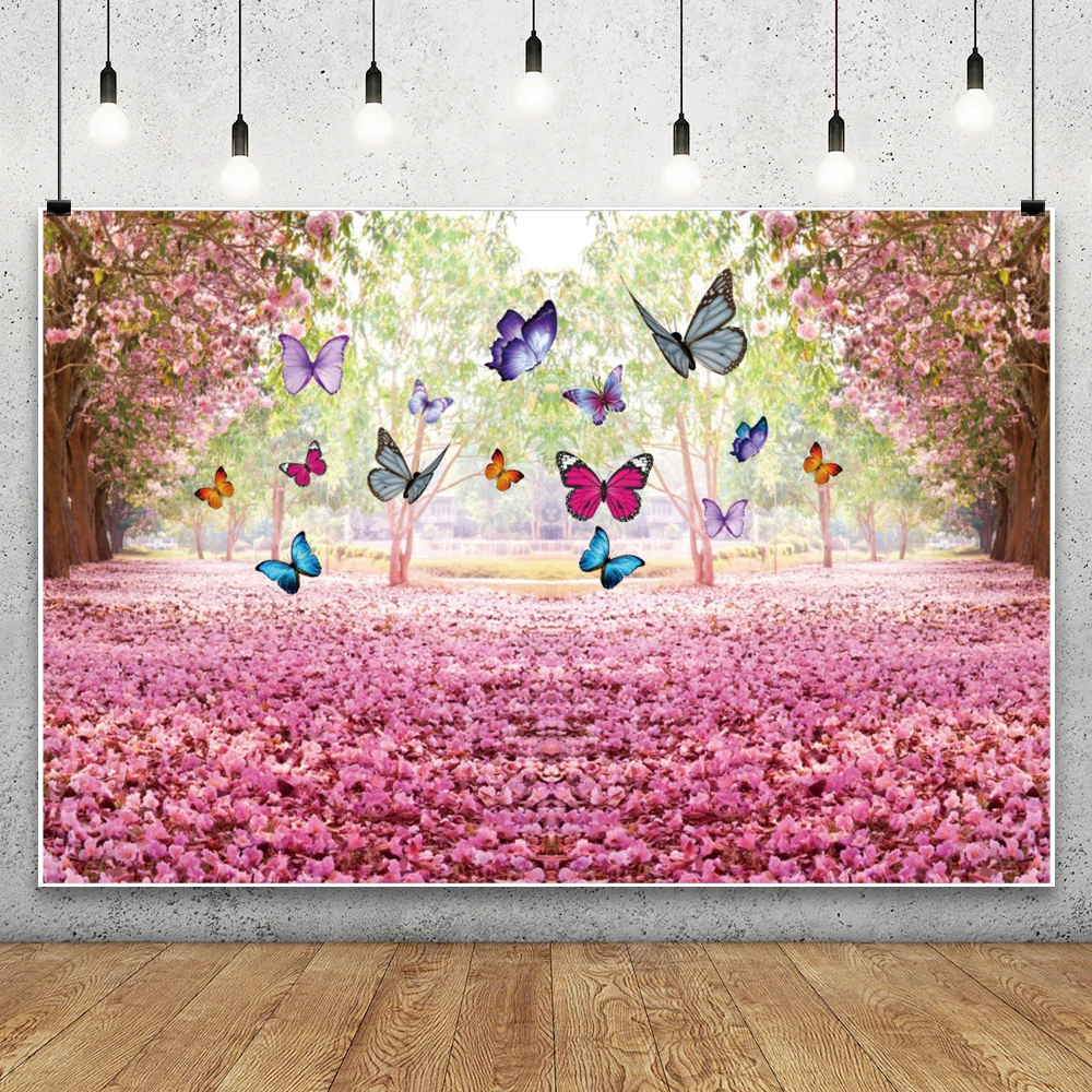 ฤดูใบไม้ผลิ Cherry Blossom Trail การถ่ายภาพฉากหลังภูมิทัศน์ธรรมชาติป่าดอกไม้หญ้า Garden Park ภาพ Photocall พื้นหลัง