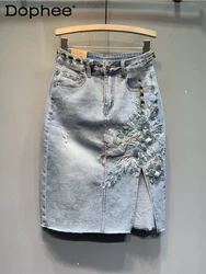 Falda de mezclilla con bordado de flores para mujer, Falda Midi Retro dividida en azul claro, faldas de estilo coreano, ropa de primavera y verano, nueva moda