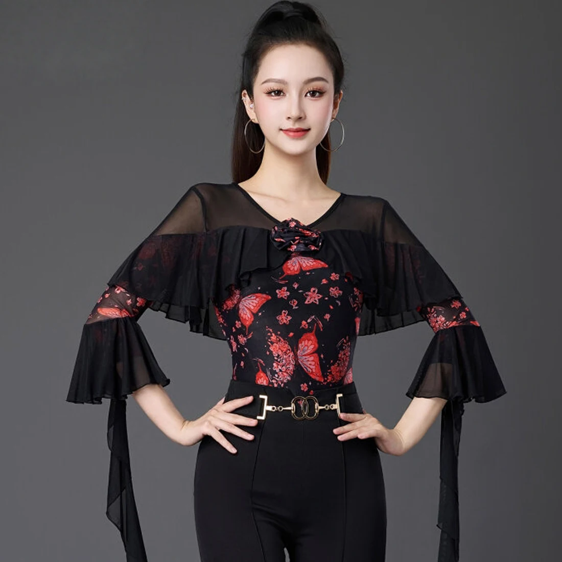 

Latin Performance Dance Practice Clothes Printed Mesh Mid-sleeves Tops For Women's 2026 New National Standard Modern Waltz Dance