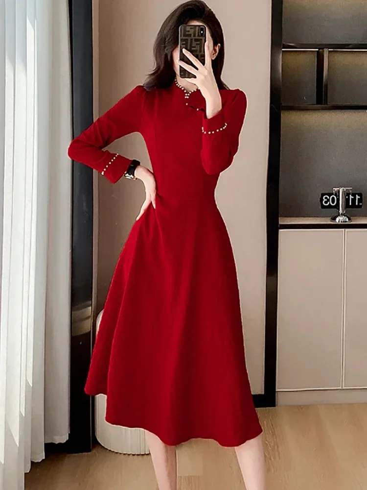 

Long Dress Korean Elegant Dress for Wedding Women 2025 Fashion Bodycon Evening Dress Autumn Winter Red Jacquard Diamonds Luxury