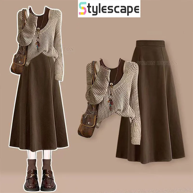 

Large Size Autumn Set Women's Hollow Top with Camisole and Slimming Half Skirt Three Piece Set New in Matching Sets Matching Set