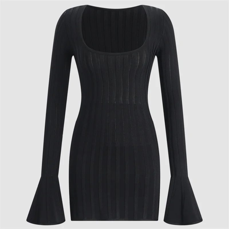 

Women's dress New elastic knitted slim mini dress for summer 2026 flared sleeve square neck short dress women's casual dresses