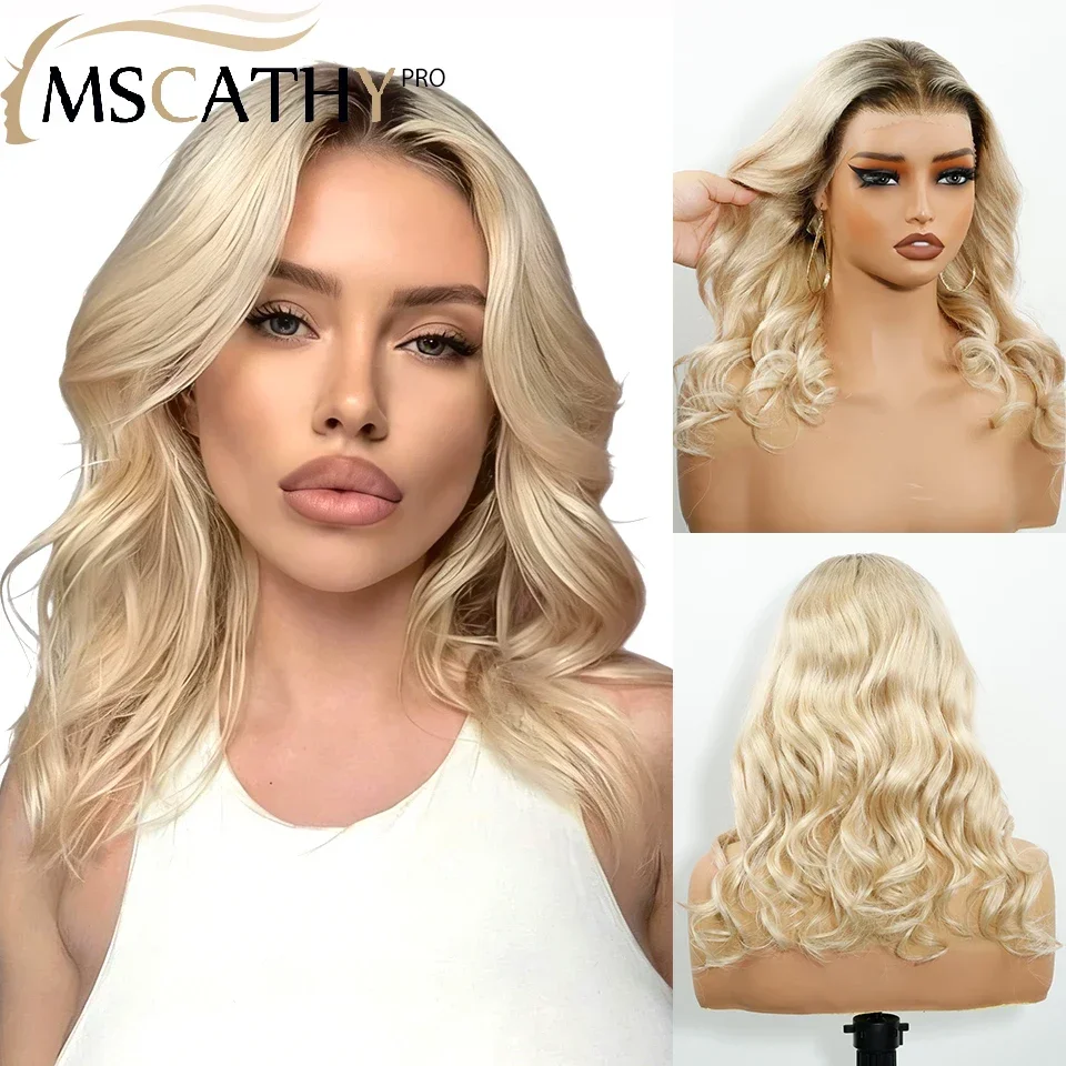 Peruca Curta Ombre Loiro Cinza Sem Cola com Renda Frontal UHD Transparente, Cabelo Humano Remy para Mulheres, Pré-arrancada