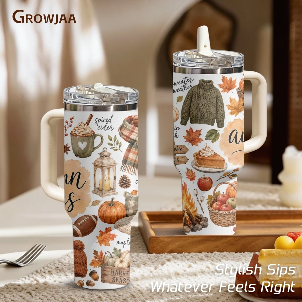 Hello Fall Pumpkin Spice Season Vacuum Flasks 40oz 3rd Gen Vacuum Insulated Stainless Steel Tumbler Cup With Handle Straw Lid