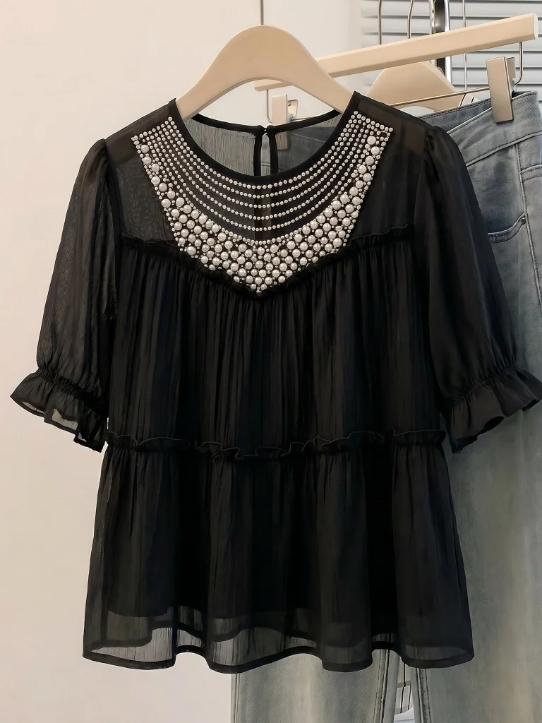 

Elegant Black Short Sleeve Chiffon Shirt Women's Fashionable Summer New plus Size MM Top Korean Style Loose Fit round Neck
