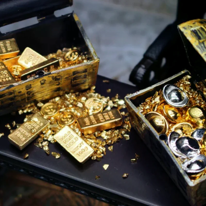 

Детская игрушка для ролевых игр, миниатюрный золотой слиток для кукольного домика 1/12 и сундук с сокровищами