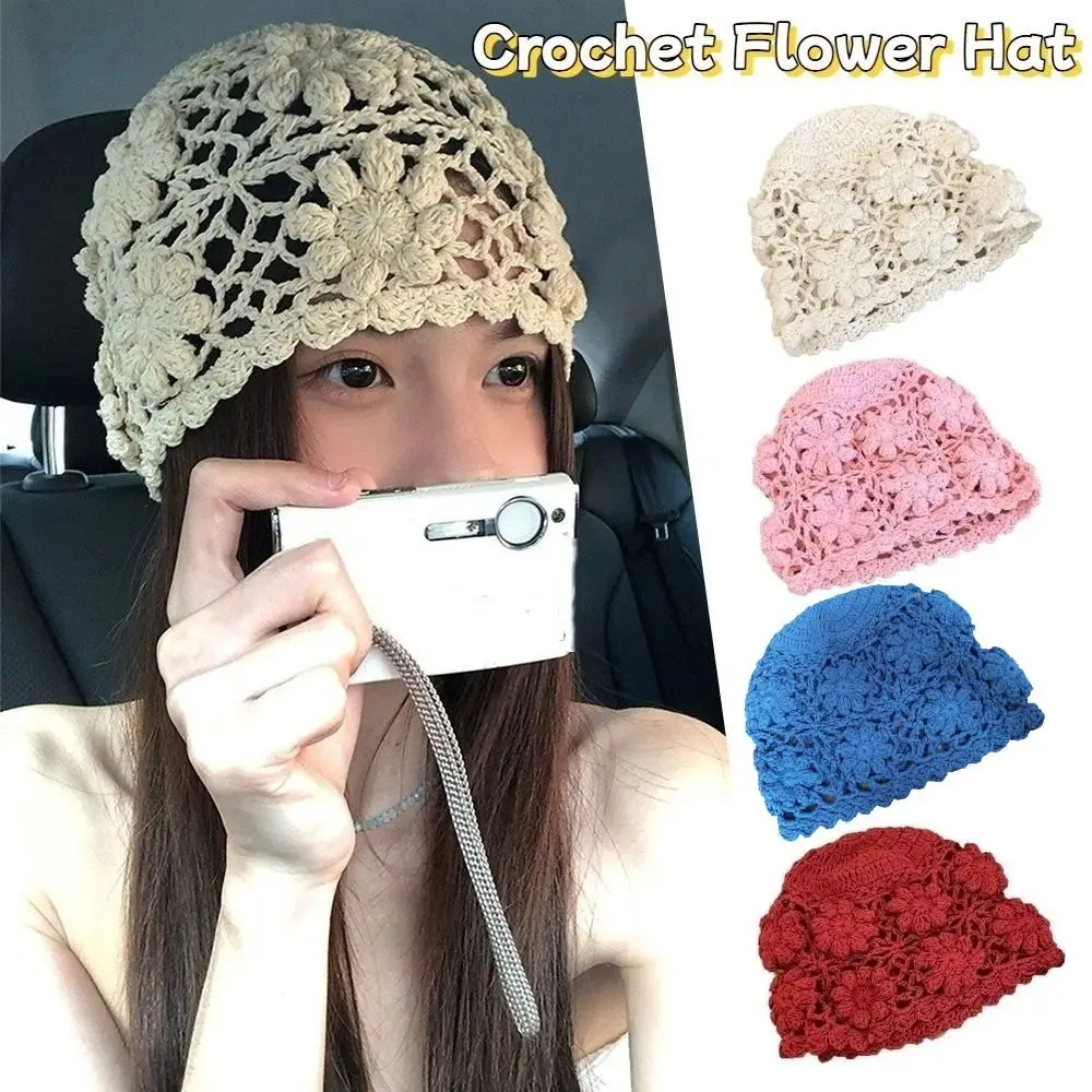 

Повседневная вязаная крючком шляпа с цветком ручной работы, плетение Y2k, вязаные шапки для бассейна, полые милые шапочки, кепка для девочек