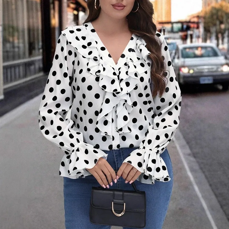 

Women's Blouse Open Front Long Sleeve Loose Fit Blouses Polka Dot Ruffle Single Breasted Button Up Shirt V Neck Chiffon Flared