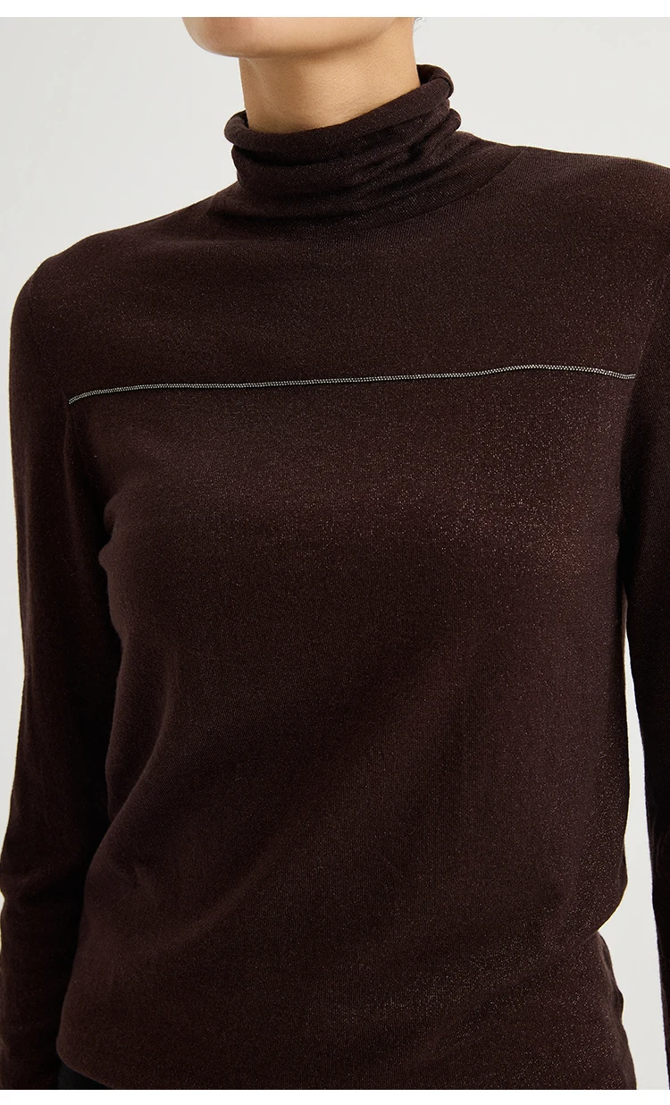BY3621699 Damen-Pullover mit Rollkragen, Lurex-Strick, Wollmischung, Langarm, Brustnaht mit metallischem Glanz, dezenter Luxus für den Herbst – Detail 9