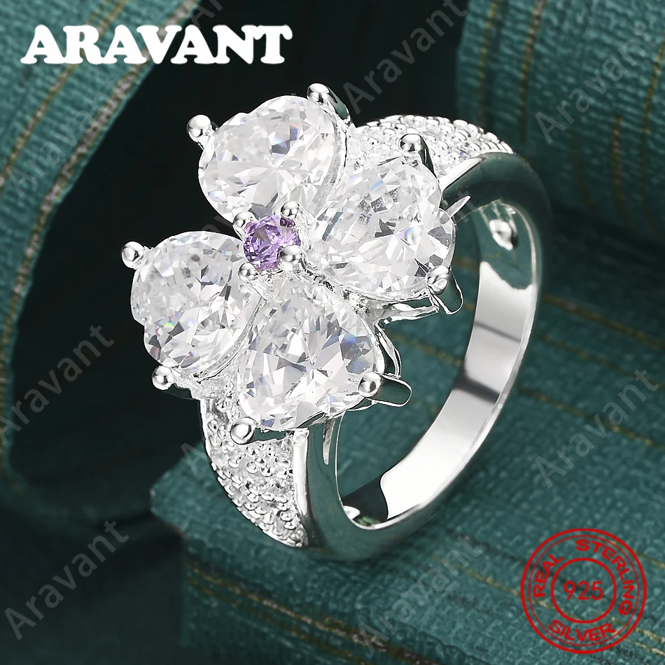 

925 Sterling Silver Purple Zircon Four-Leaf Clover Ring: A Fresh And Elegant Engagement Jewelry For Women.
