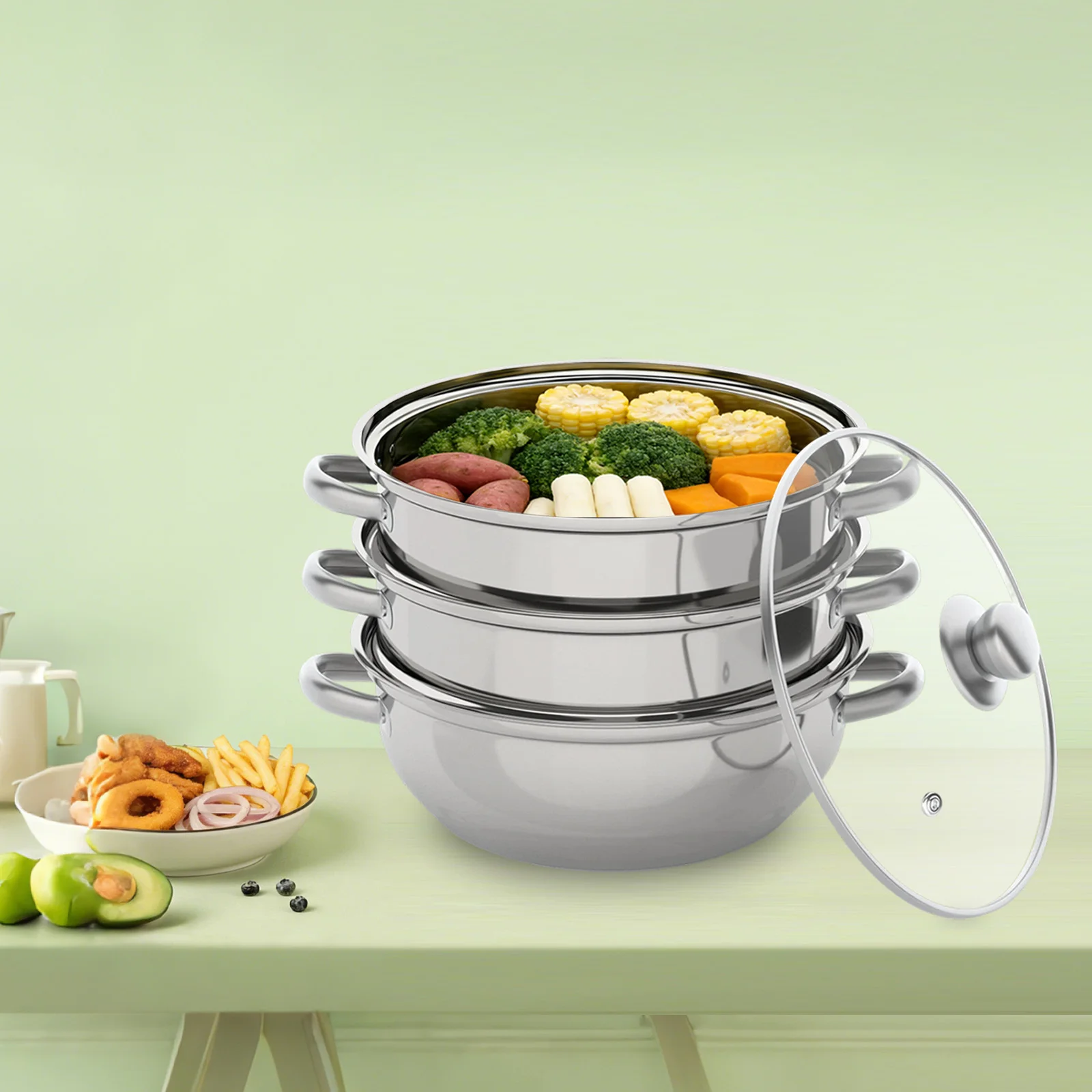 Steamer 3 Tier Stainless Steel Steamer for Cooking 28cm Explosion Proof Glass Lid Multi Layer Soup Pot Kitchen Food Steaming Basket