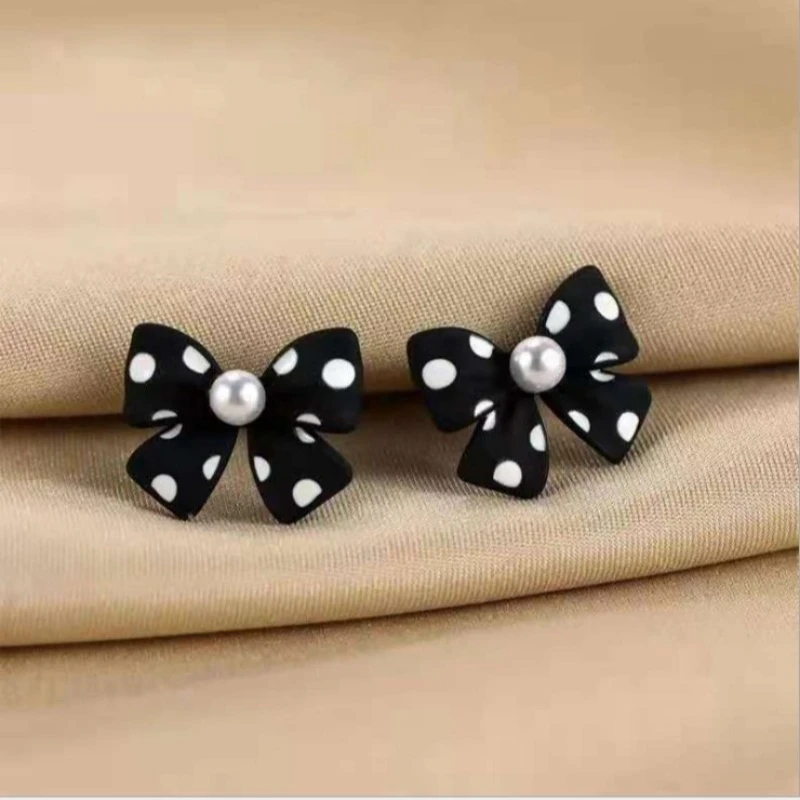 French classic black and white speckled bow with imitation pearl stud earrings women's elegant cute jewelry holiday party gift