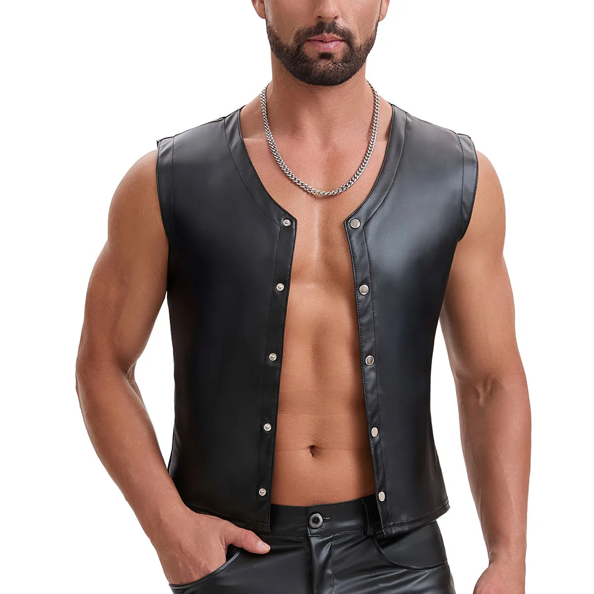 Men's Matte Leather Vest with Snap Button Sleeveless Slim Single Breasted Tank Tops Punk Motorcycle Style Party Club Waistcoat