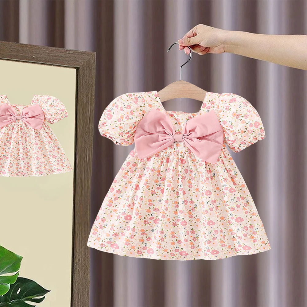 Kids' New Girls' Puffy Sleeve Pink Flower Print Princess Dress Girls' Cute Big Bow Summer Dress (0-3 years)