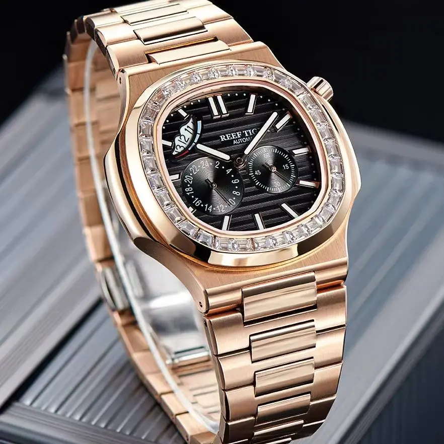 Reef Tiger Men Automatic Watch 44mm Square Mechanical Wristwatch Waterproof Luminous Sapphire Power Reserve Display Date 24 Hour