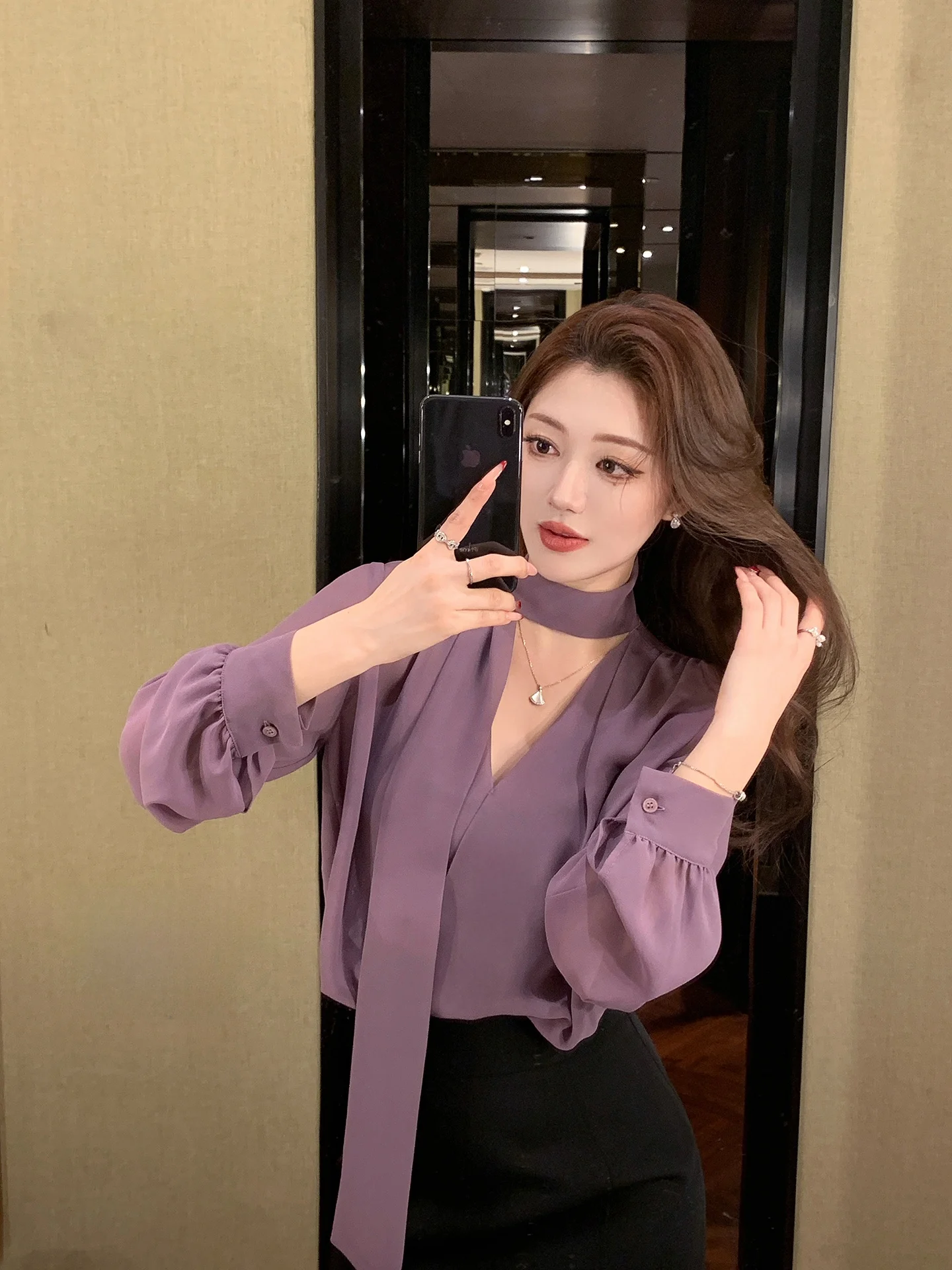 

Spring Early Purple Knot Sa Chiffon Loose Top Women's irt Strap Two-Piece Set Gentle Temperament Lin Guan