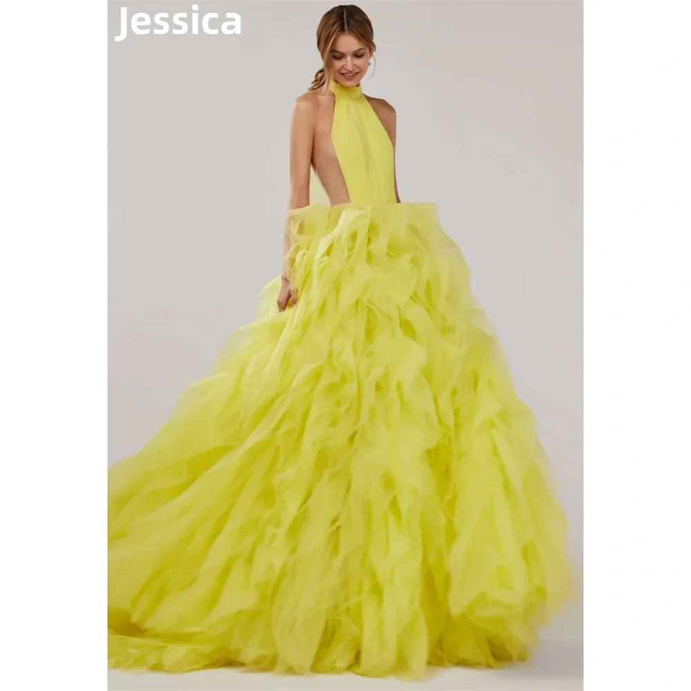 Jessica Sweetheart Yellow Prom Dresses Handmade Tulle Multi-layer Evening Dresses A-shaped Elegant Wedding Party Dress