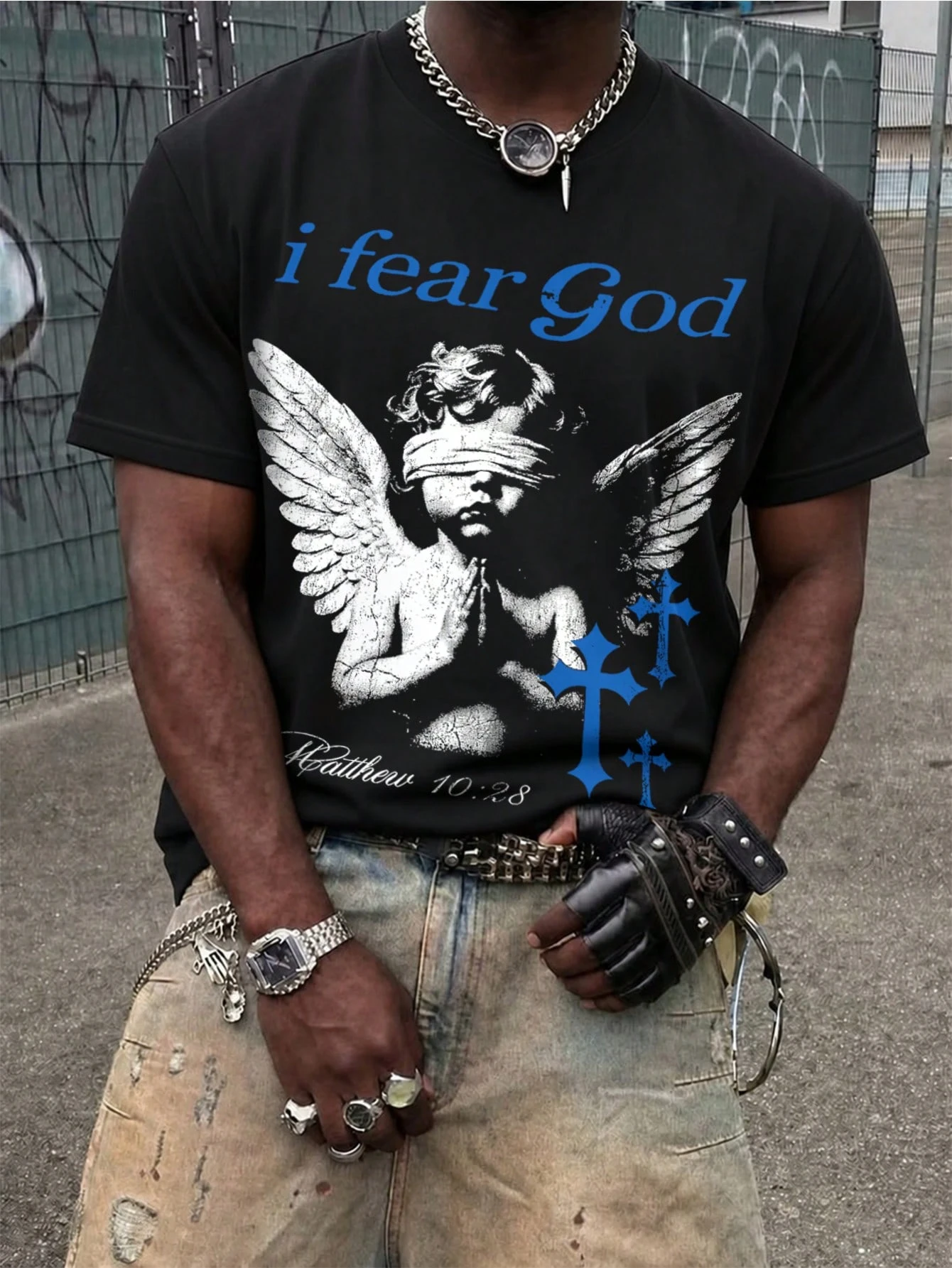 2026 Men Vintage Blind Angel Cross Graphic T Shirt Retro Cherub Streetwear Crewneck Tee