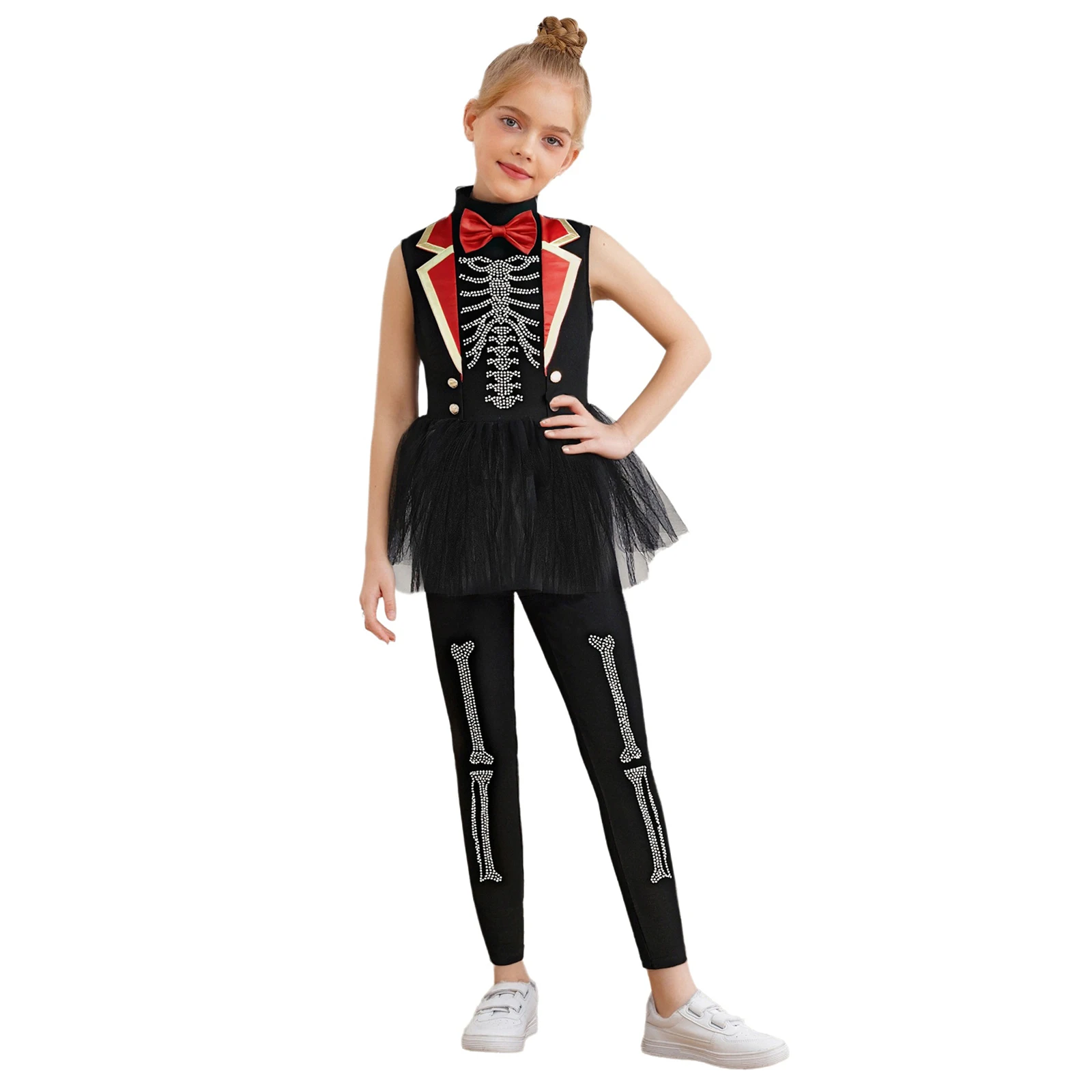 Girls Circus Ringmaster Cosplay Themed Party Costume Shiny Rhinestones Adorned Pattern Jumpsuit Bow Tie Puffy Mesh Overlay