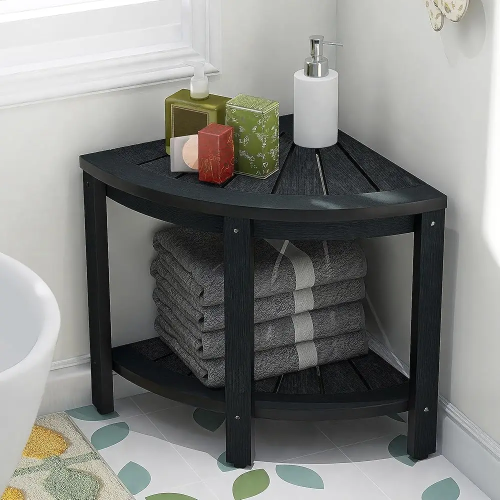 

Poly Lumber Shower Bench 17"" Shower Stool Corner Bench With Storage Shelf, Wood Texture Corner Seat For Bathroom, Spa, Corner