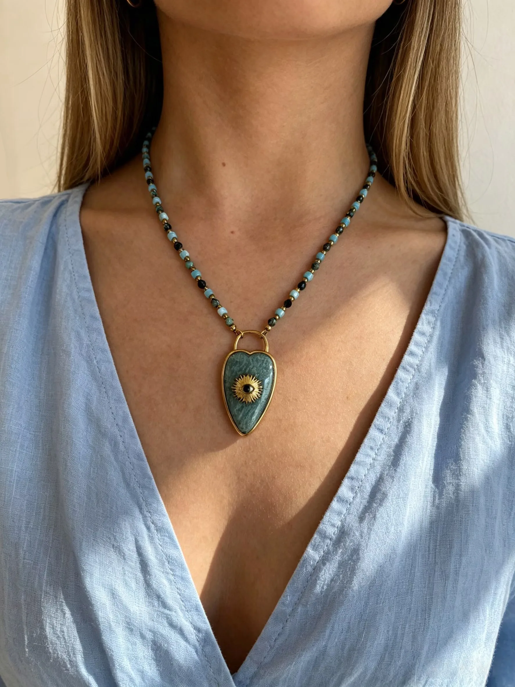 Peri'sbox Devil's Eye Heart Natural Stone Pendant Bead Chain Water Diamond Necklace Women's Fashion Jewelry Party Daily Gifts