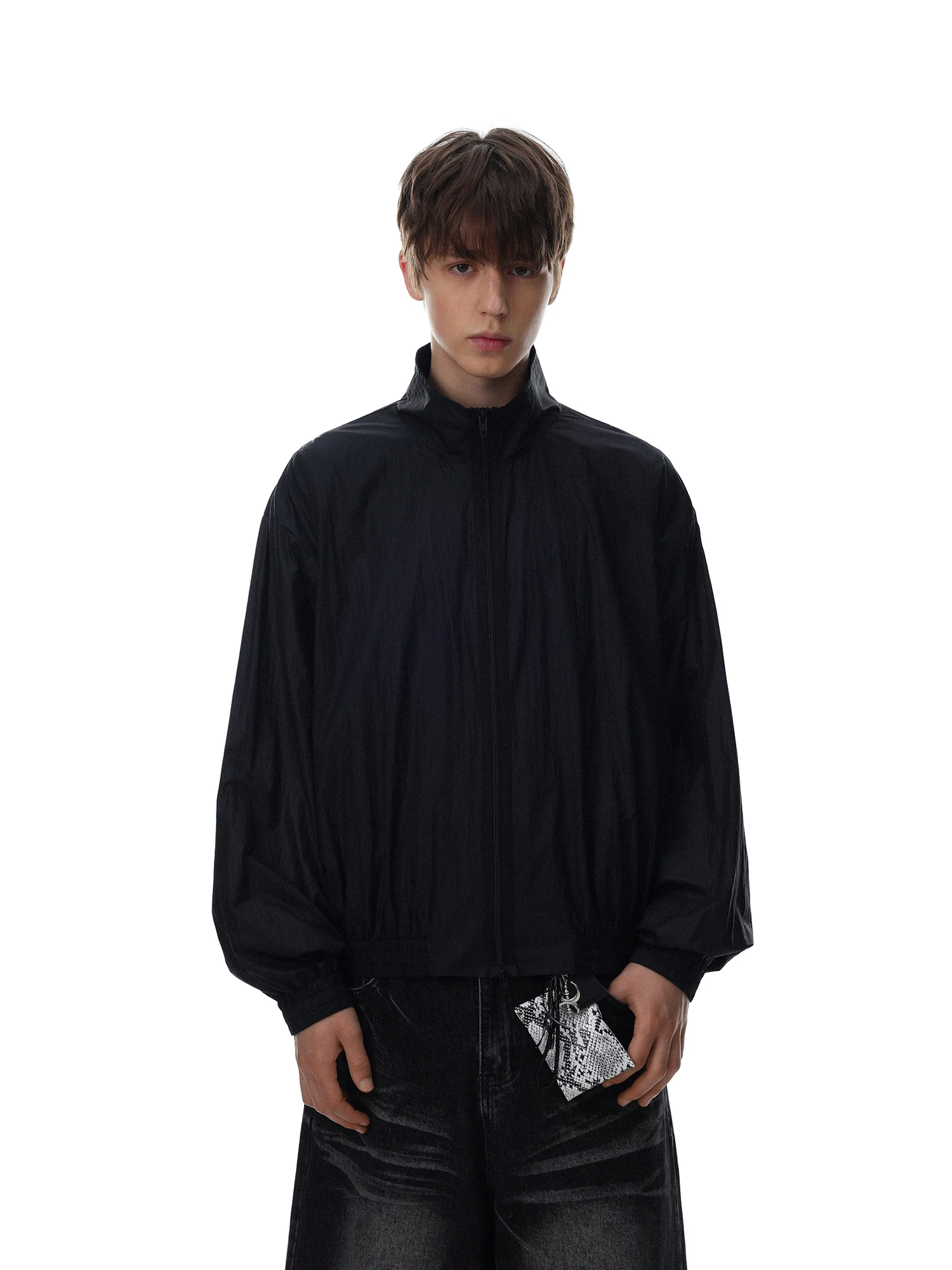 MRNEARLY American Simple Black Stand Collar Zipper Men's Loose Shape Sport Style Outerwear Fashionable Sun Protection Clothing