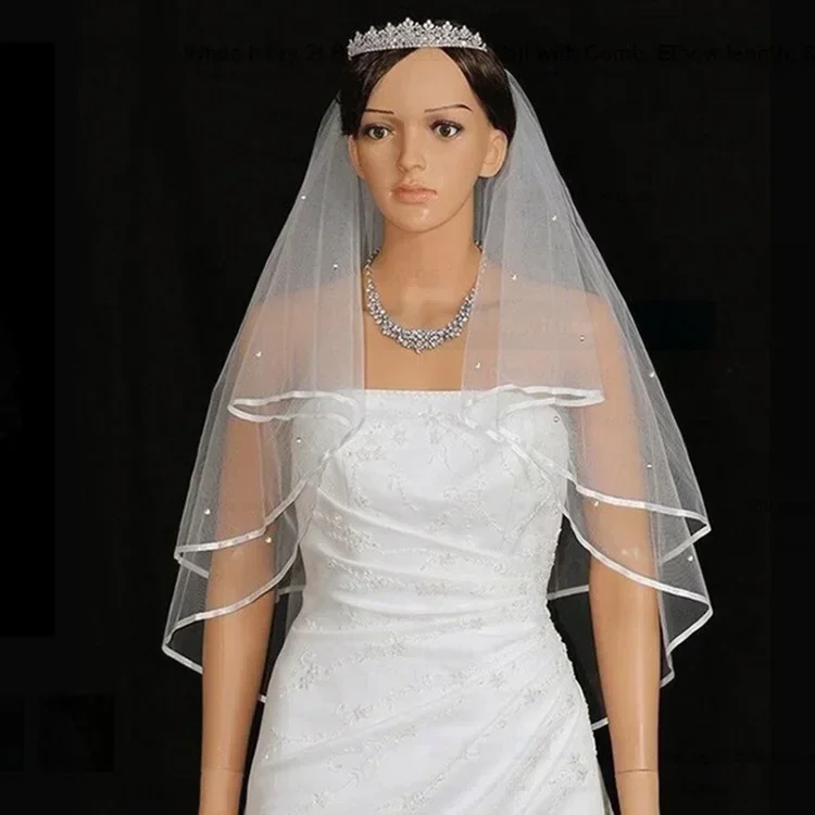 2 Layer Bridal White Ivory Elbow Floral Scalloped Beaded Edge Wedding Veil 2025