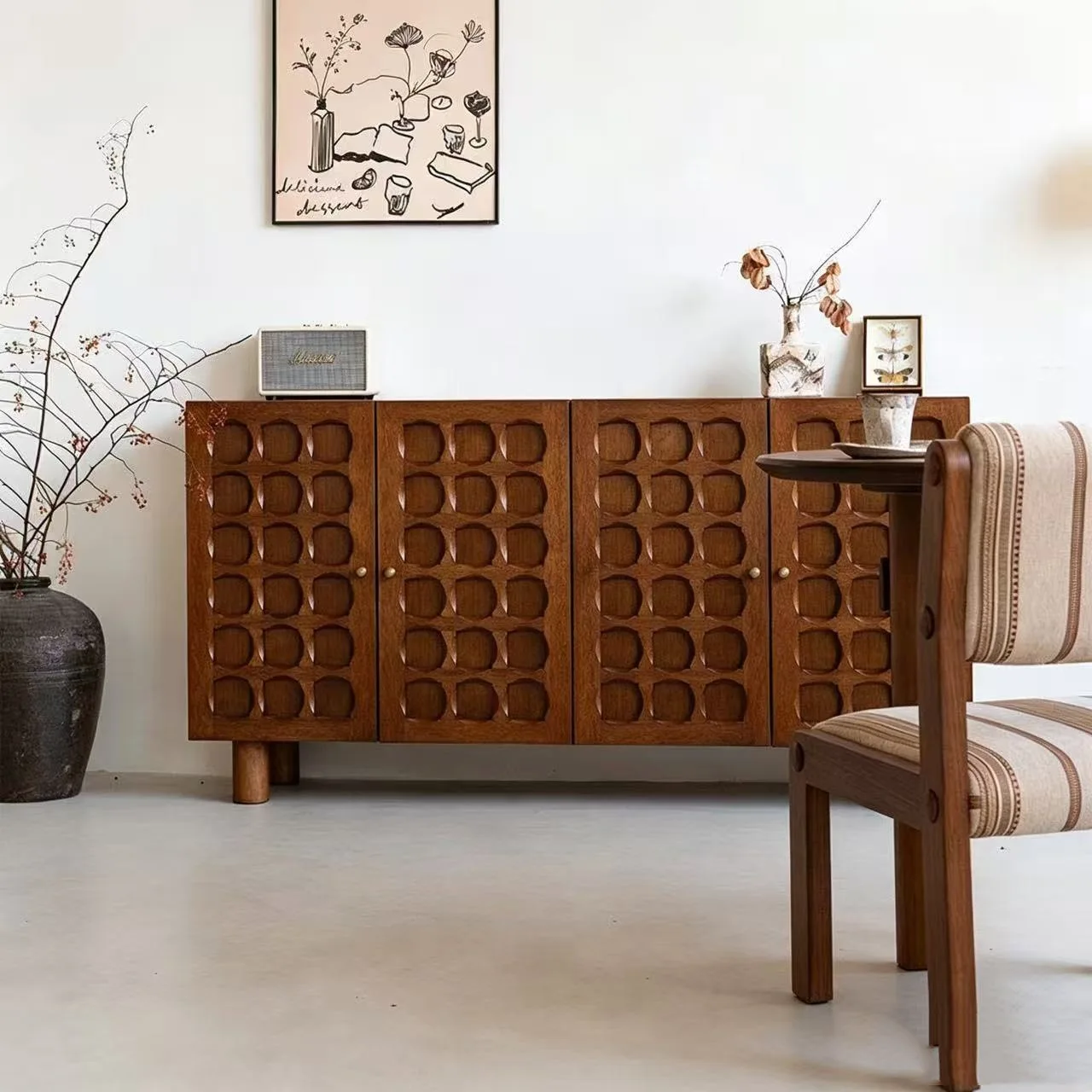 DSA medieval solid wood dining side cabinet retro porch cabinet solid wood art carving decorative locker