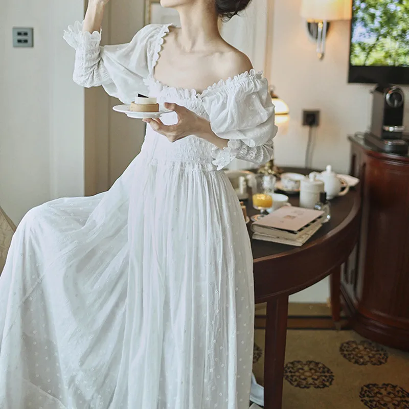Women Sexy Square Collar Sleepwear 100% Cotton Full Sleeves White Nightdress Princess Vintage Embroidery Long Nightgown Nightie