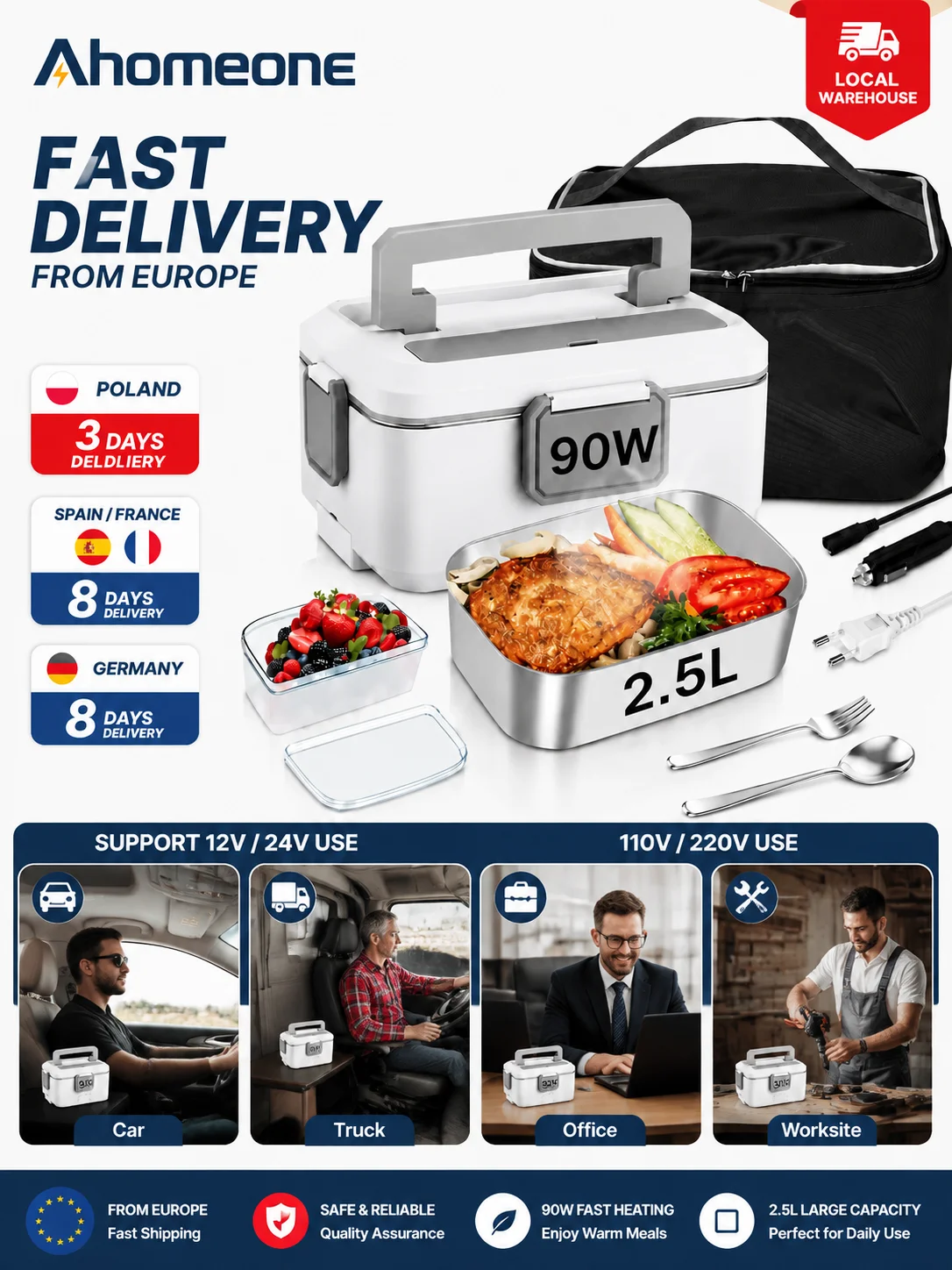 2,5L Elektrische Lunchbox, 90W Schnellheizende Essenswärmer, 304 Edelstahl-Behälter, Tragbare Beheizte Bento-Box, EU-Standard 220V & 12V/24V für Auto, LKW, Zuhause, Büro, Reisen, mit Edelstahl-Gabel,