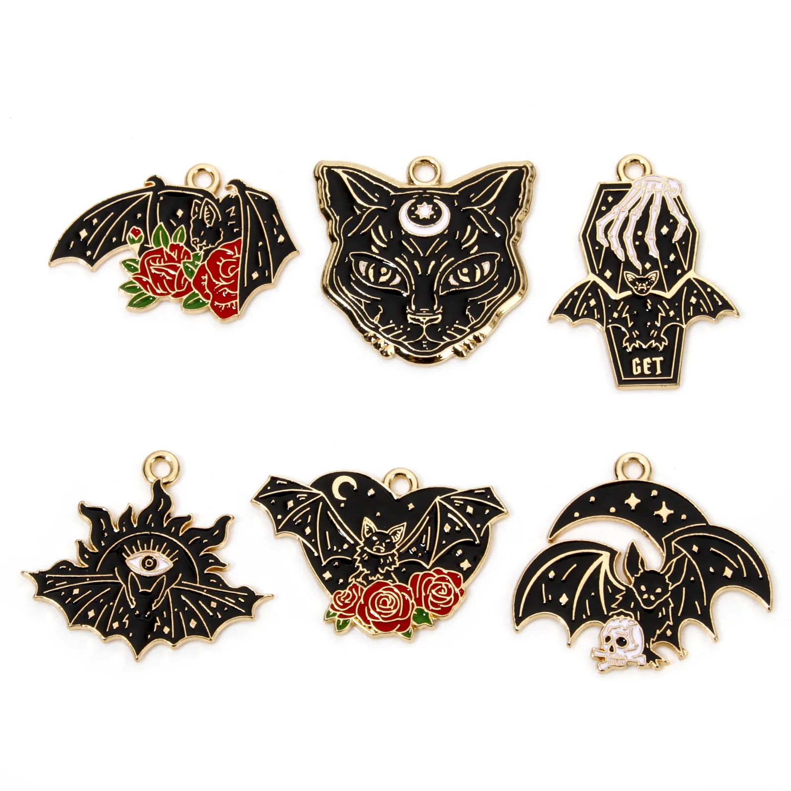 Dijes de Halloween para mujeres y hombres, colgantes de gato, murciélago, rosa, flor, Multicolor, geométrico, DIY, collar, pendientes, regalo de joyería, nuevo, 10 piezas