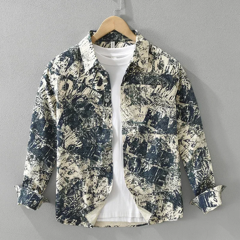 

Корейская модная мужская рубашка с принтом, с длинным рукавом, весенне-летняя, уличная одежда, мужские топы с двумя карманами, молодежная повседневная хлопковая одежда
