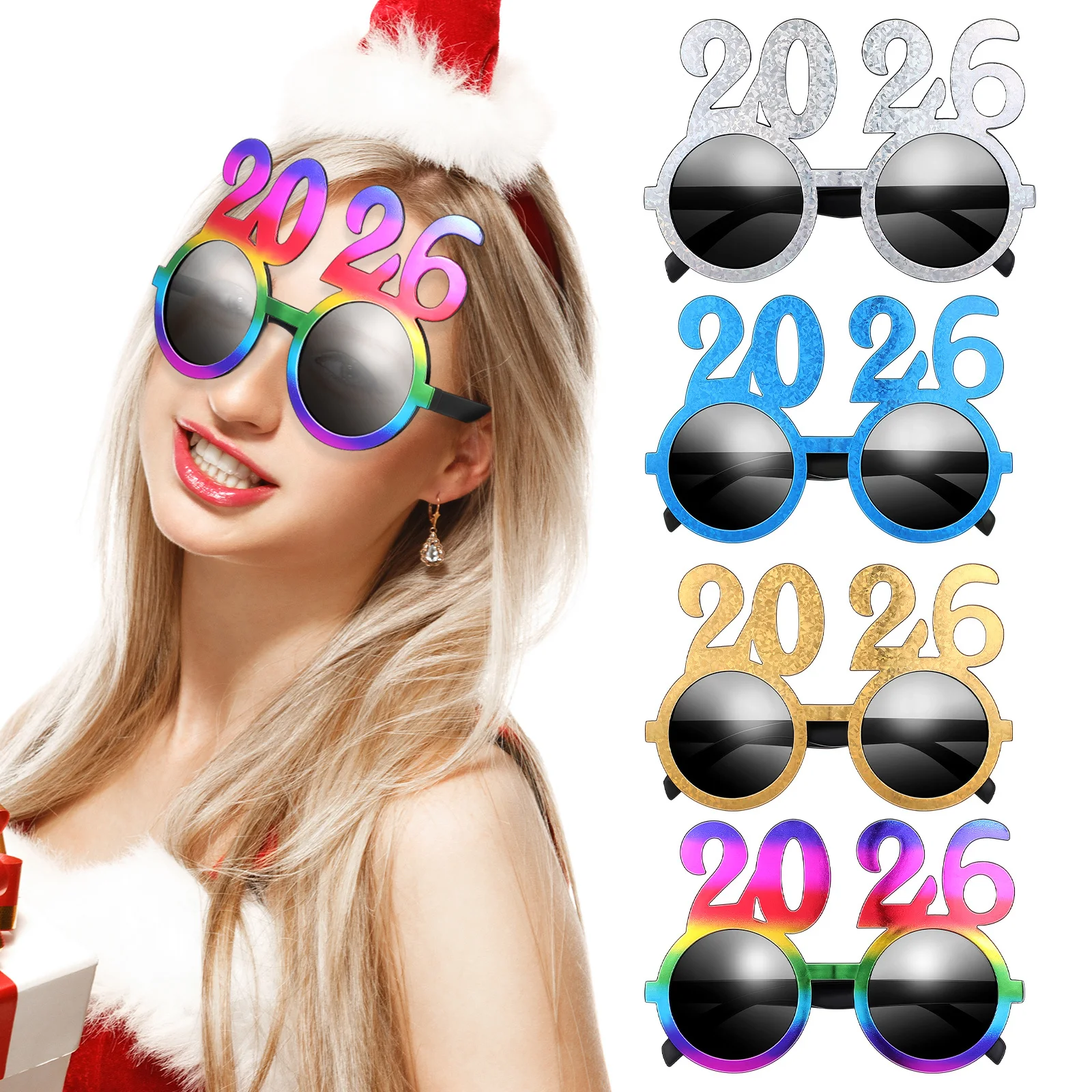 

4pcs 2026 Glasses Glitter Number Design Lightweight Pc Frame New Year Party Eyeglasses Celebration Photo Booth Props -