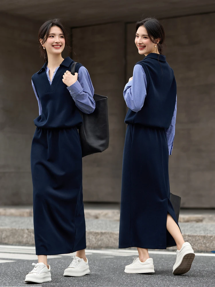

VIMLY Woman Outfits Navy Blue Skirt Sets Fall 2025 Fashion Spliced Striped Cuff Polo Neck Tops Midi Skirts 2 Piece Sets A2815