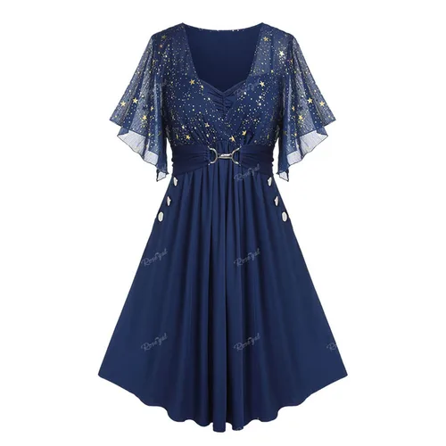 ROSEGAL, vestido de talla grande con estampado de estrellas y hebilla, bolsillos con botones, mangas de mariposa fruncidas, vestidos informales con cuello cuadrado azul profundo para mujer