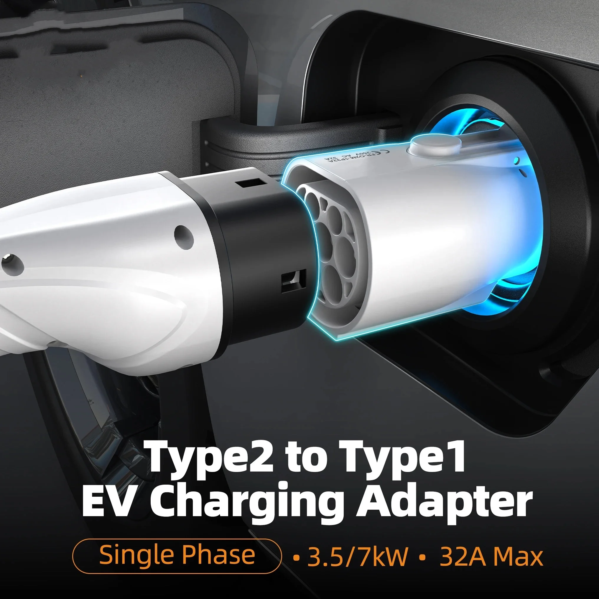 Type 2 to Type 1 EV Charger Adapter 32A 1 Phase Smart Electric Vehicle Charging Adapter 3.5KW 7KW Max For Electric Car UL94 V-0
