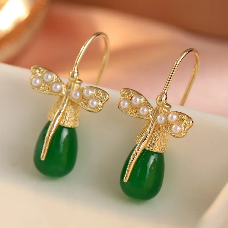 Artistic Retro Dragonfly Shape Drop Earrings Inlay Green Cubic Zircon Women's Earring Daily Fashion Cute Jewelry Accessory