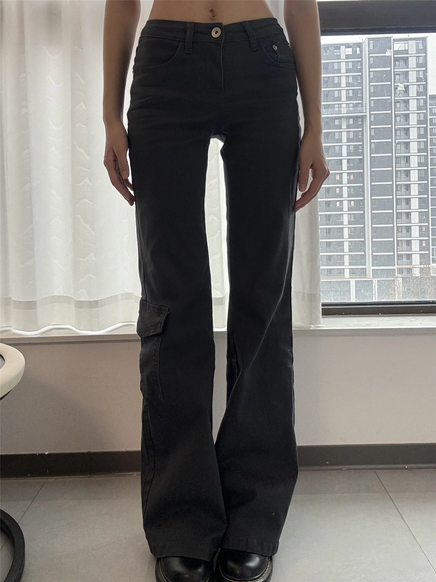 

Женские джинсы-клеш с низкой посадкой, удлиненные, повседневные, с эффектом похудения, в пол, с множеством карманов, в рабочем стиле