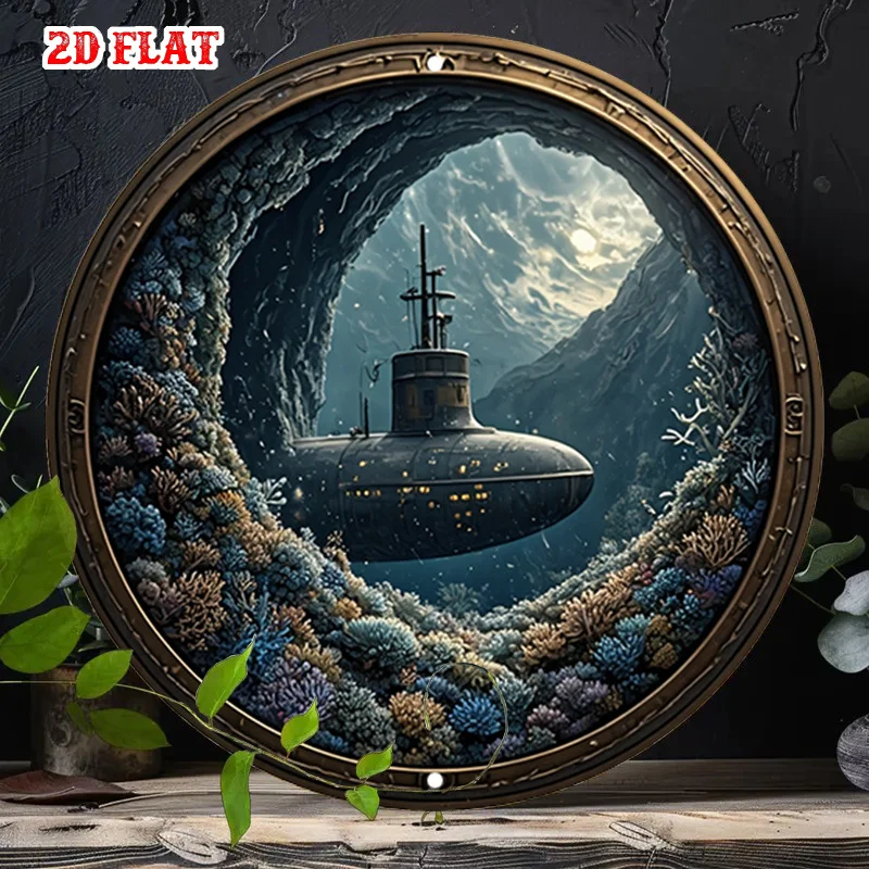 2D Flat - One-Piece 2D Flat Sign Featuring a Submarine, Round Adventure-Themed Sign with an Ocean View Measuring 7.8X7.8 Inches