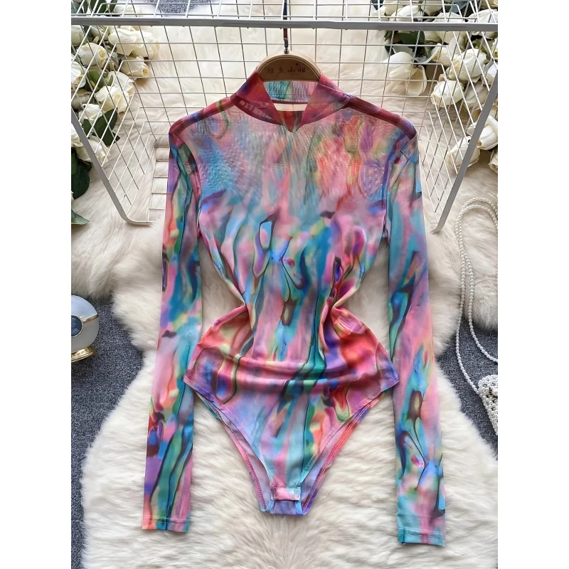 Spicy Style Tie-Dye Bodysuit for Women, Autumn Half-Turtleneck Bodycon Mesh Top with a Designer Streetwear Vibe