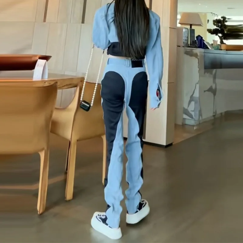Setelan dua potong gaya hipster jalanan, koleksi musim gugur 2025, jaket denim serbaguna, celana jeans warna kontras pinggang tinggi, setelan wanita, 여자청자켓