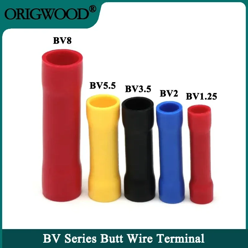 

10~100pcs Wire Terminal BV1.25 BV2 BV3.5 BV5.5 BV8 Straight Butt Splice Crimp PVC Insulated Copper Tube Cold Press Cable Connect