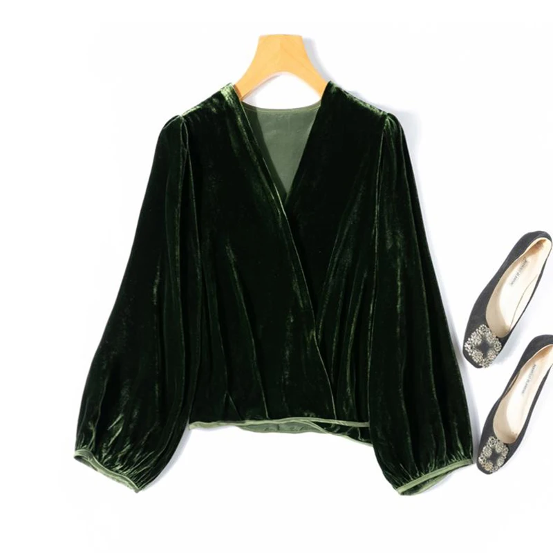 Women Silk Velvet Shirt 100% Mulberry Silk Lining Dark Green Blouse Top V Neck Loose Type Long Sleeve Cardigan Office Lady M1228