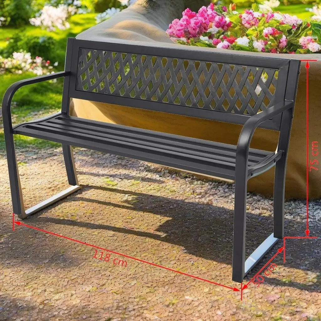 46.5 Black Steel Patio Bench - Stylish Outdoor Seating for Garden & Porch